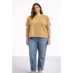 LovePoem by Clock Textured Geometric Knit Top Tan Size 2X Short Sleeve Blouse